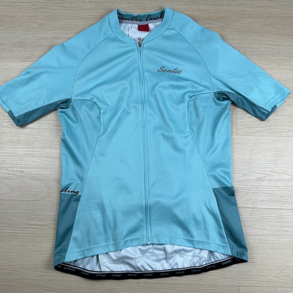 Santic Mens Large Light Blue Full Zip Short Sleeve Cycling Jersey Bike Shirt